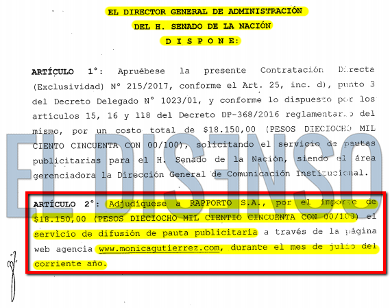 Pauta del Senado de Michetti para Mónica Gutiérrez - El Disenso