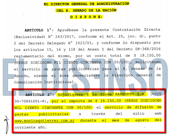 Pauta del Senado de Michetti para Mónica Gutiérrez - El Disenso