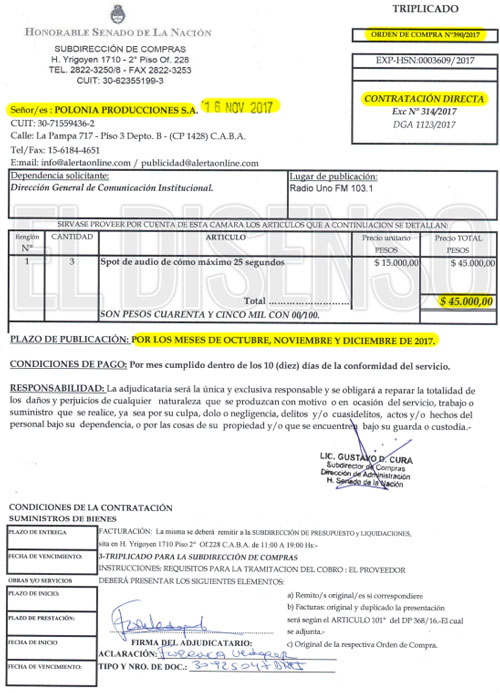 Pauta del Senado de la Nación para productora de Jonatan Viale Contrato de pauta publicitaria del Senado de la Nación a Zeta Medios y Polonia Producciones