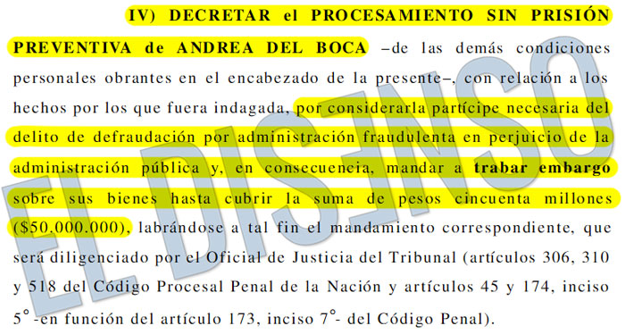 Procesamiento y embargo de Andrea del Boca - El Disenso