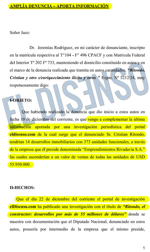 Ampliación presentada en la justicia - El Disenso