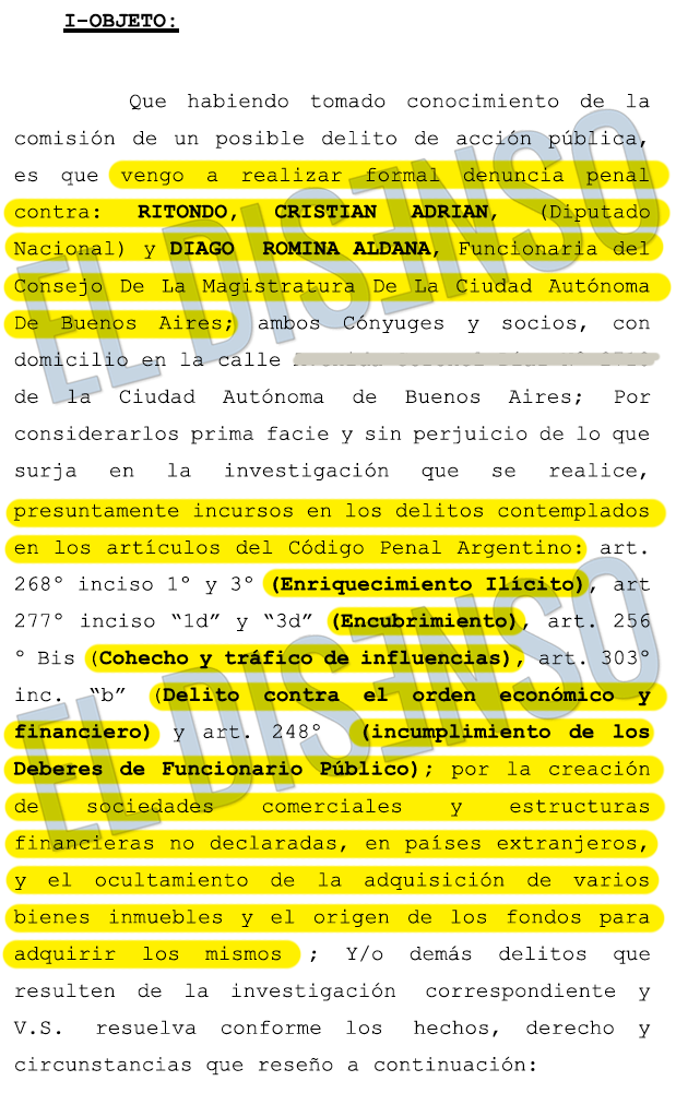 Denuncia Penal contra Cristian Ritondo y Romina Aldana Diago - El Disenso