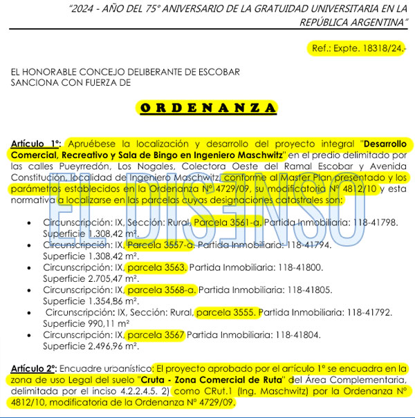 Ordenanza que aprueba el proyecto del Bingo de Escobar - El Disenso