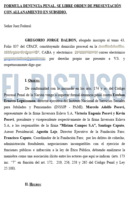 Denuncia Penal G. Dalbon contra PAMI - P1 - El Disenso