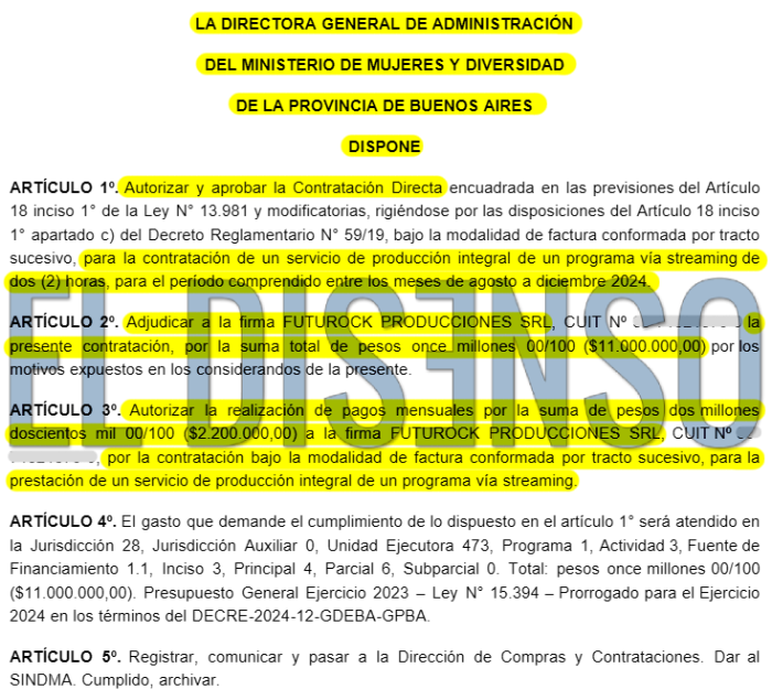 Ministerio de Mujeres y diversidad bonaerense contratos a Futurock de Mengolini por 11 millones