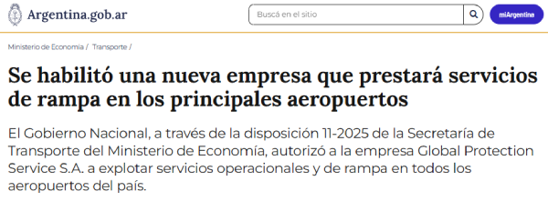 Resolución oficial que autoriza a Global Protection Service a prestar servicios de rampa en aeropuertos