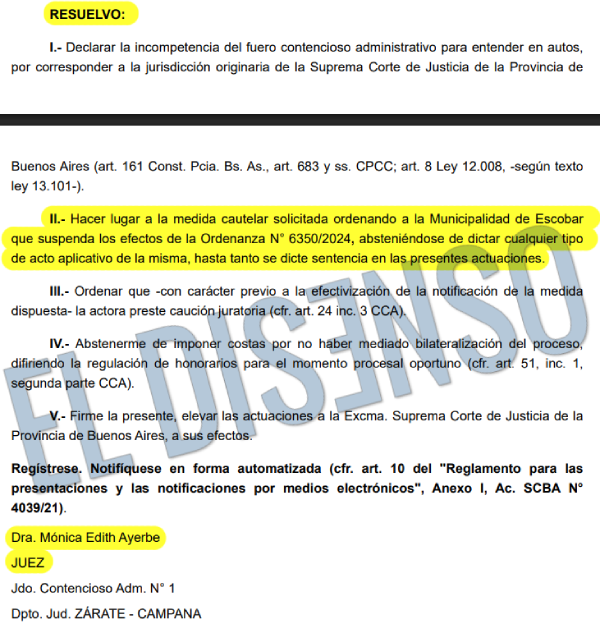 Fallo suspensión Bingo Escobar - El Disenso