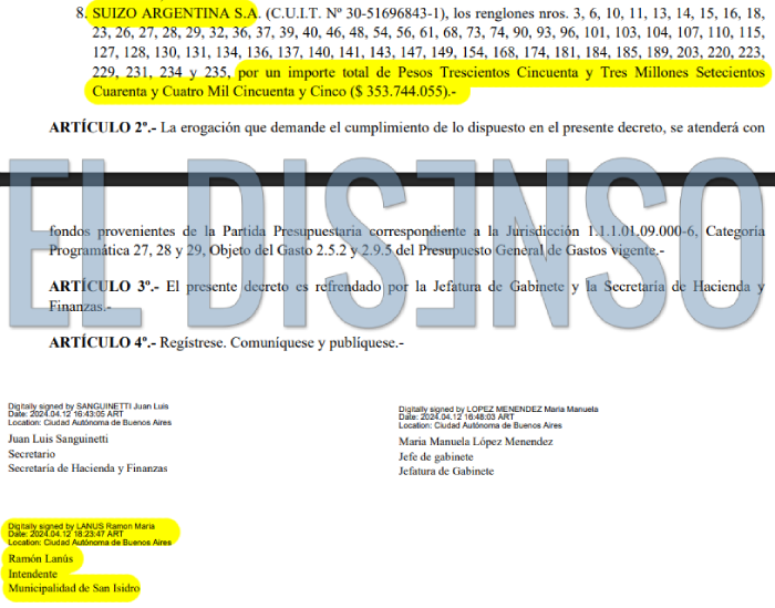 Adjudicación a la Suizo Argentina por $353.744.055 - El Disenso