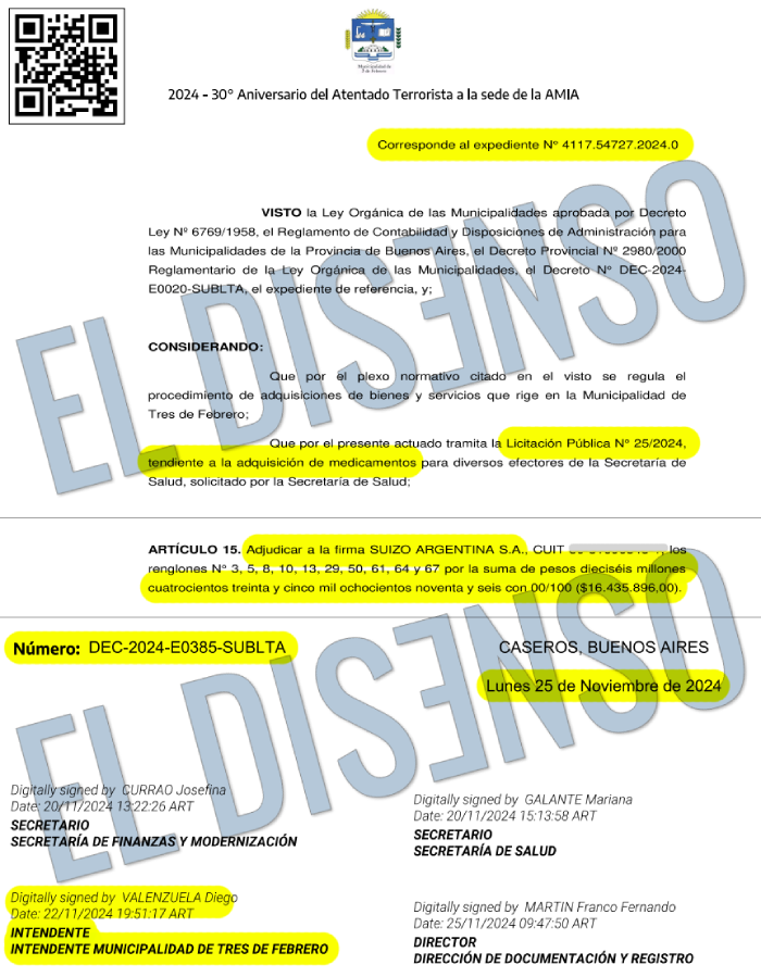 Adjudicación Noviembre 2024 a Suizo Argentina SA desde el Municipio de Tres de Febrero - El Disenso
