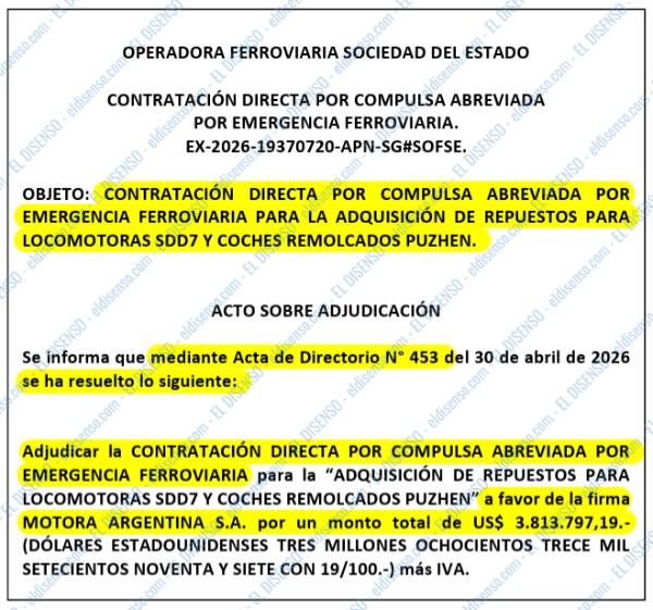 Documento de adjudicación de la contratación directa por emergencia ferroviaria de SOFSE a favor de Motora Argentina S.A.