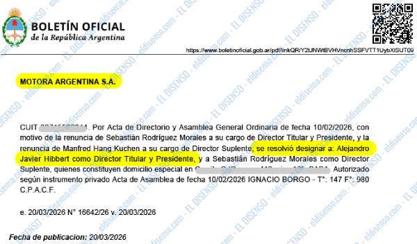 Publicación del Boletín Oficial de la República Argentina donde figura Alejandro Javier Hibbert como director de Motora Argentina S.A.