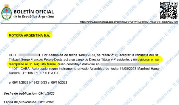 Publicación del Boletín Oficial que nombra a Augusto Marini como presidente y director de Motora Argentina S.A.