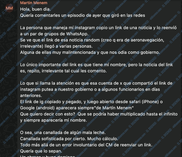 Captura del mensaje de Martin Menem atribuyendo el error de Rufus a su Community Manager