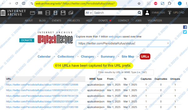 Registros digitales guardados en la Wayback Machine correspondientes a los tuits eliminados de la cuenta Periodista Rufus.