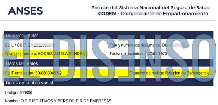 Comprobante CODEM de ANSES que confirma que Gisela Kocsis es empleada en la Jefatura de Gabinete de Ministros