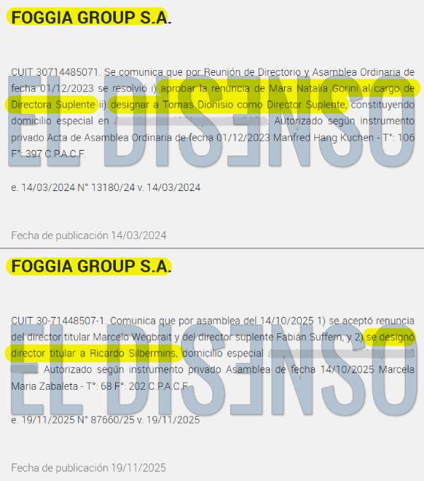 Publicación en el Boletín Oficial de Foggia Group con la salida de Gorini y el ingreso de Silbermins