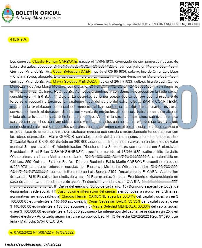 Inscripción en el Boletín Oficial de 4TER SA con Mayra Mendoza, Sebastián Daer y Claudio Carbone