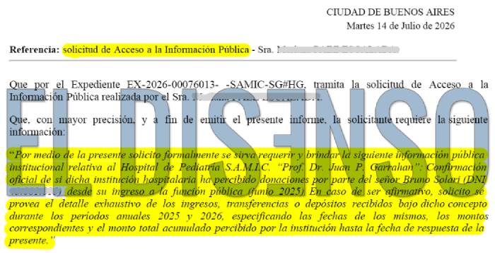 Solicitud de acceso a la información pública presentada por El Disenso al Hospital Garrahan sobre Bruno Solari.
