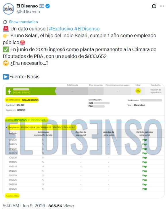 Tuit de El Disenso revelando que Bruno Solari trabaja en la Cámara de Diputados bonaerense.