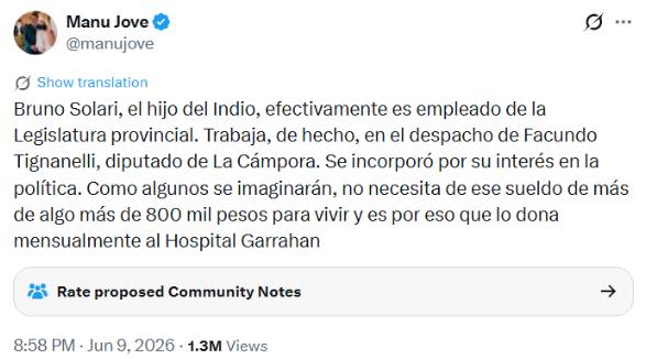 Tuit del periodista Manu Jove afirmando que Bruno Solari donaba su sueldo al Hospital Garrahan.