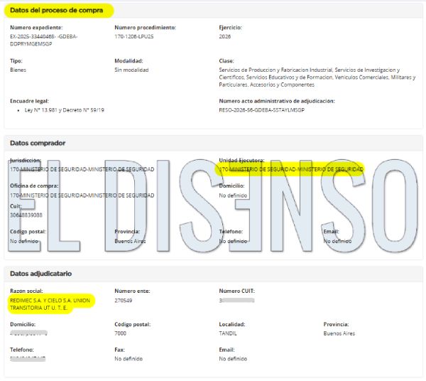 La UTE Redimec S.A. y Cielos S.A. , adjudicatarios de la licitación según consta en el portal de compras de la Provincia de Buenos Aires