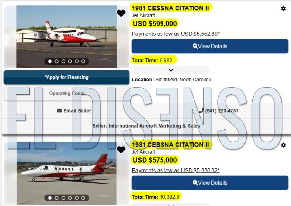 Publicaciones de venta de aviones Cessna Citation II usados en plataformas aeronáuticas internacionales