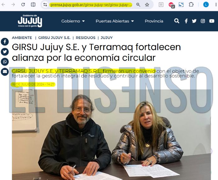 La esposa del gobernador firmando el convenio entre GIRSU Jujuy SE y Terramaq SRL.