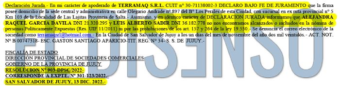 Declaración Jurada de Alejandra García Dávila y Luis Alberto Sadir declarando no ser Personas Políticamente Expuestas.