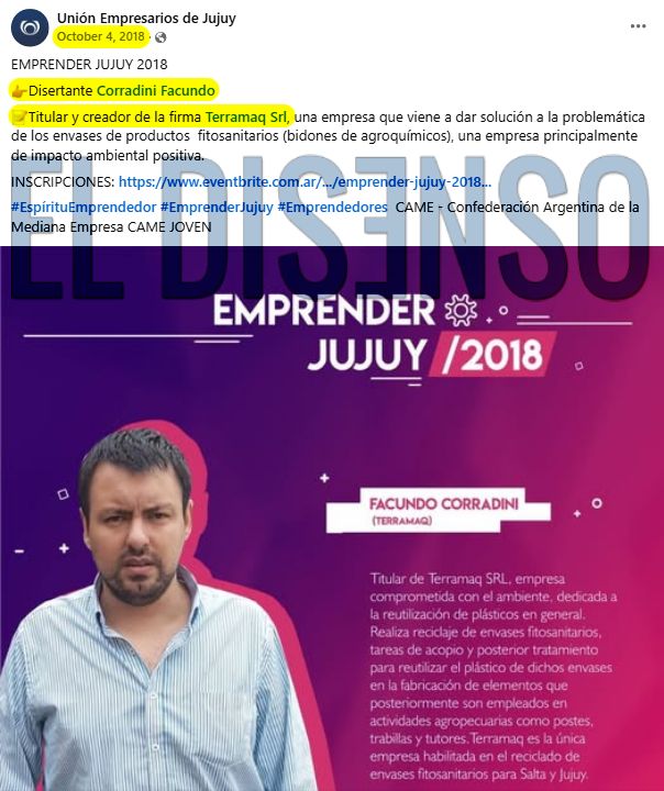 Publicación de Facebook de 2018 donde Facundo Corradini figura como creador y titular de Terramaq SRL.