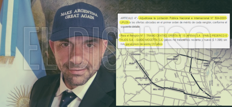 Composición periodística de Franco Mogetta junto a la fotocopia de la adjudicación de la Ruta 9 y la autopista Córdoba Rosario.