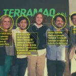 Carlos Sadir, Alejandra García Dávila, Luis Alberto Sadir y Facundo Corradini frente a un cartel de Terramaq.