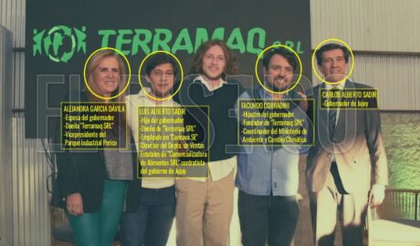 Carlos Sadir, Alejandra García Dávila, Luis Alberto Sadir y Facundo Corradini frente a un cartel de Terramaq.