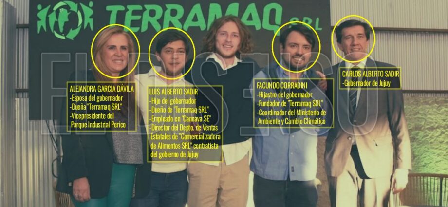 Carlos Sadir, Alejandra García Dávila, Luis Alberto Sadir y Facundo Corradini frente a un cartel de Terramaq.