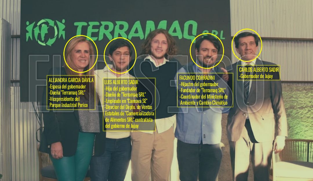 Carlos Sadir, Alejandra García Dávila, Luis Alberto Sadir y Facundo Corradini frente a un cartel de Terramaq.