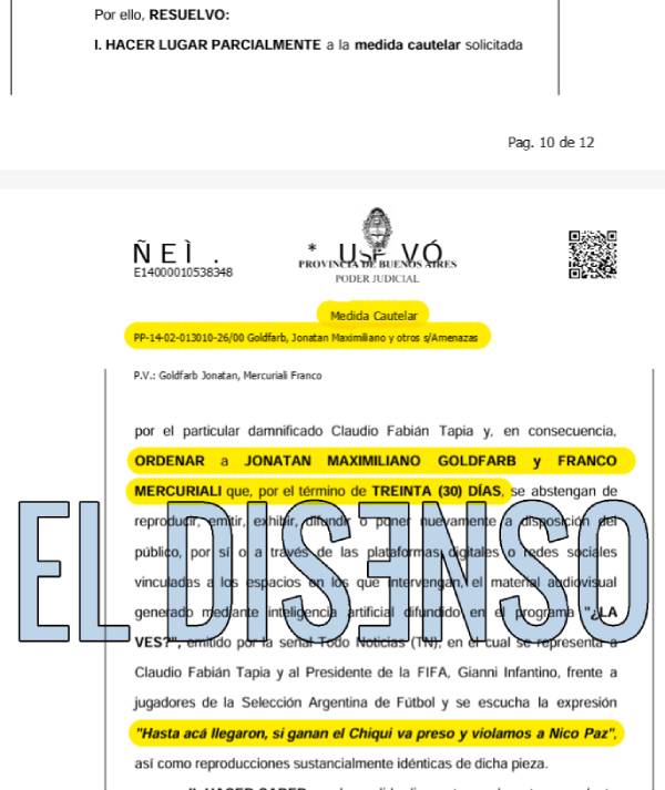 Documento del Poder Judicial de la Provincia de Buenos Aires que ordena la medida cautelar contra Jonatan Viale y Franco Mercuriali.