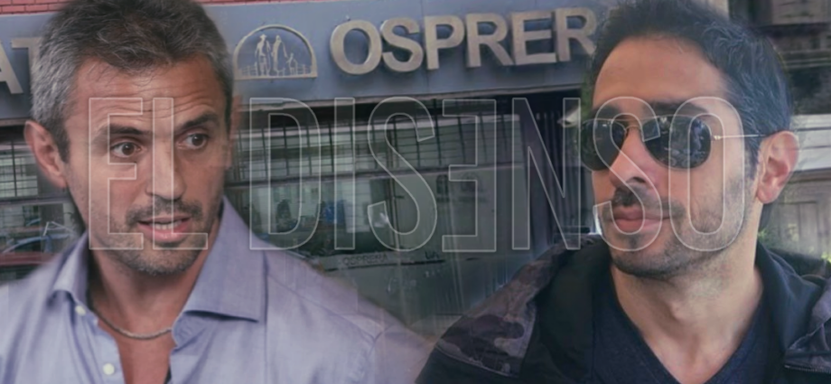 Sergio Aguirre y Martín Menem sonriendo frente al logo de la obra social OSPRERA intervenida.