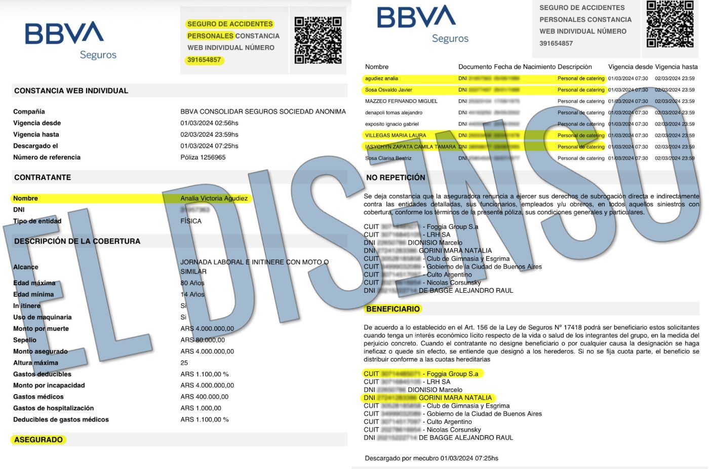 Documento impreso de póliza de seguros BBVA para personal de catering contratada por Analía Agudiez, donde figura Osvaldo Javier Sosa como asegurado.