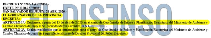 Decreto de nombramiento de Facundo Corradini firmado por su padrastro, el gobernador Carlos Sadir en Jujuy.