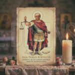 Estampita de San Pablo Bertuzzi con balanza y martillo en un altar.