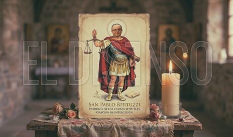 Estampita de San Pablo Bertuzzi con balanza y martillo en un altar.