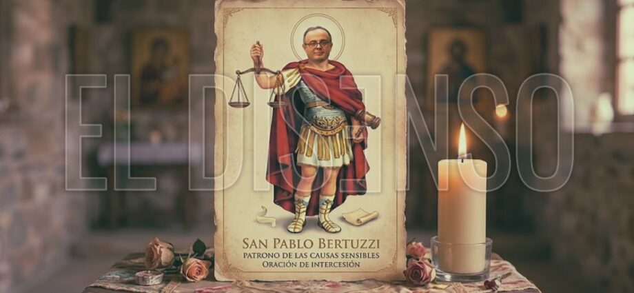 Estampita de San Pablo Bertuzzi con balanza y martillo en un altar.