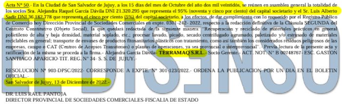 Acta societaria de Terramaq SRL donde figuran Alejandra García Dávila y Luis Alberto Sadir como socios.