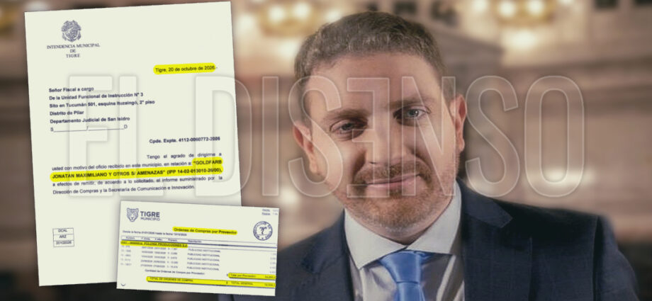 Foto de Jonatan Viale junto al oficio y los documentos oficiales del Municipio de Tigre que confirman el pago de pauta millonaria a Polonia Producciones en 2026.
