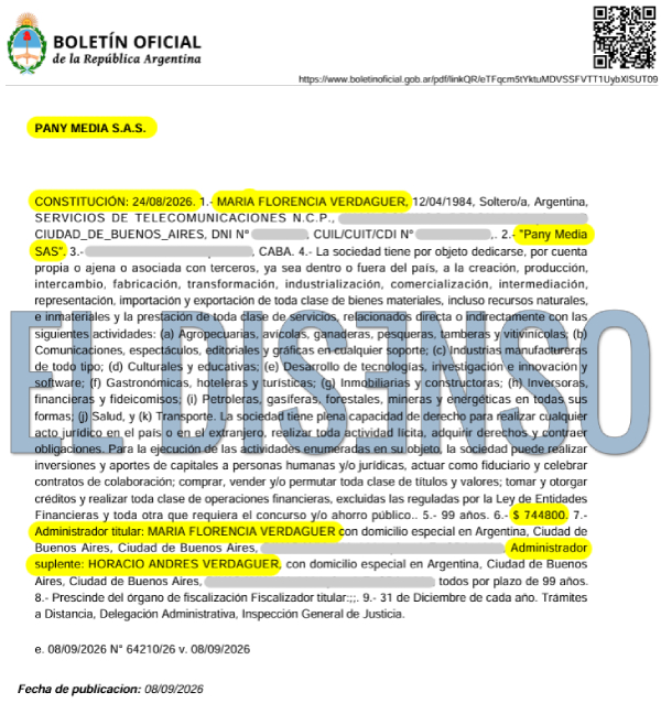 Edicto del Boletín Oficial con la constitución de la sociedad Pan y Media S.A.S.