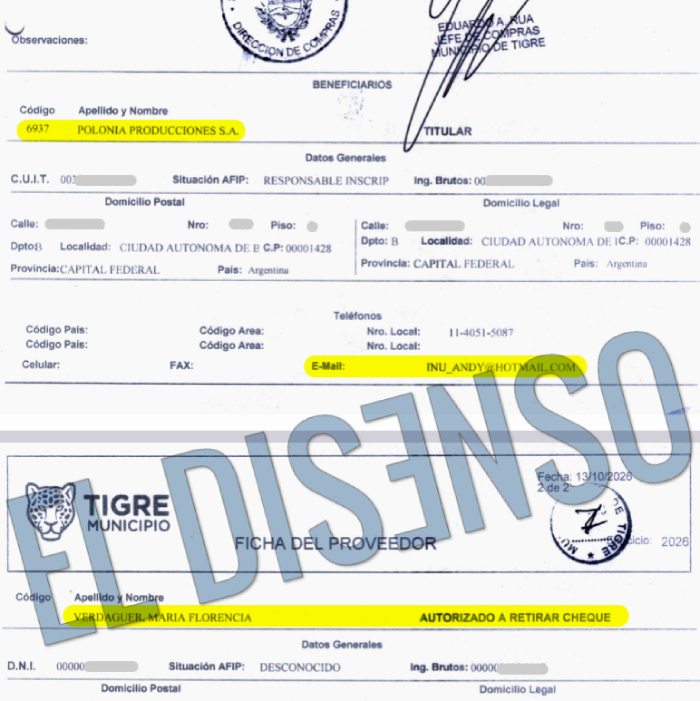 Ficha oficial de proveedor del Municipio de Tigre a nombre de Polonia Producciones S.A.